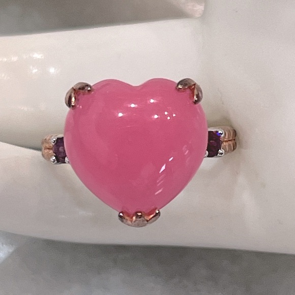 Pink Jade and Garnet Sterling Silver Heart Cocktail Ring - Picture 1 of 16